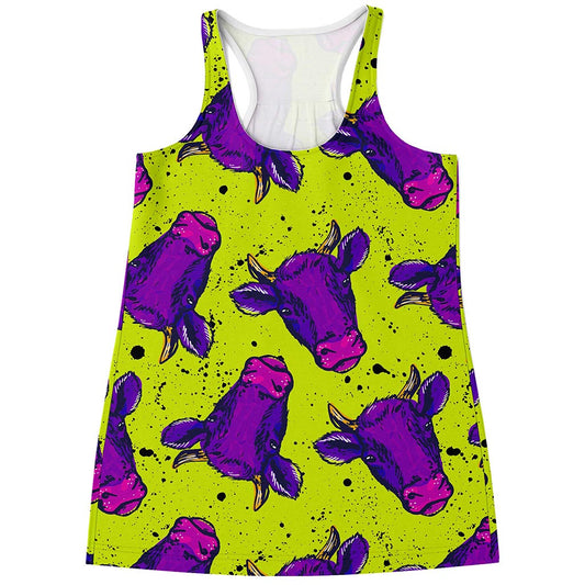 Lime Green And Purple Cow Pattern Print Women's Racerback Tank Top