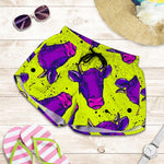 Lime Green And Purple Cow Pattern Print Women's Shorts