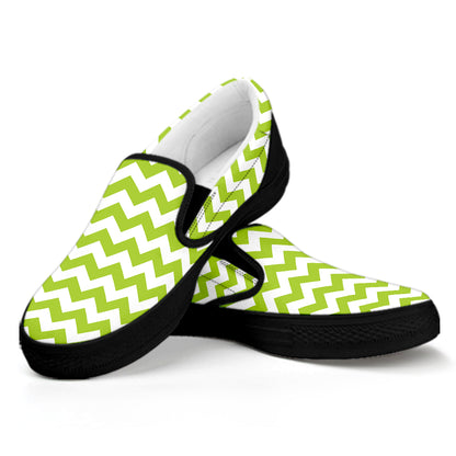 Lime Green And White Chevron Print Black Slip On Shoes