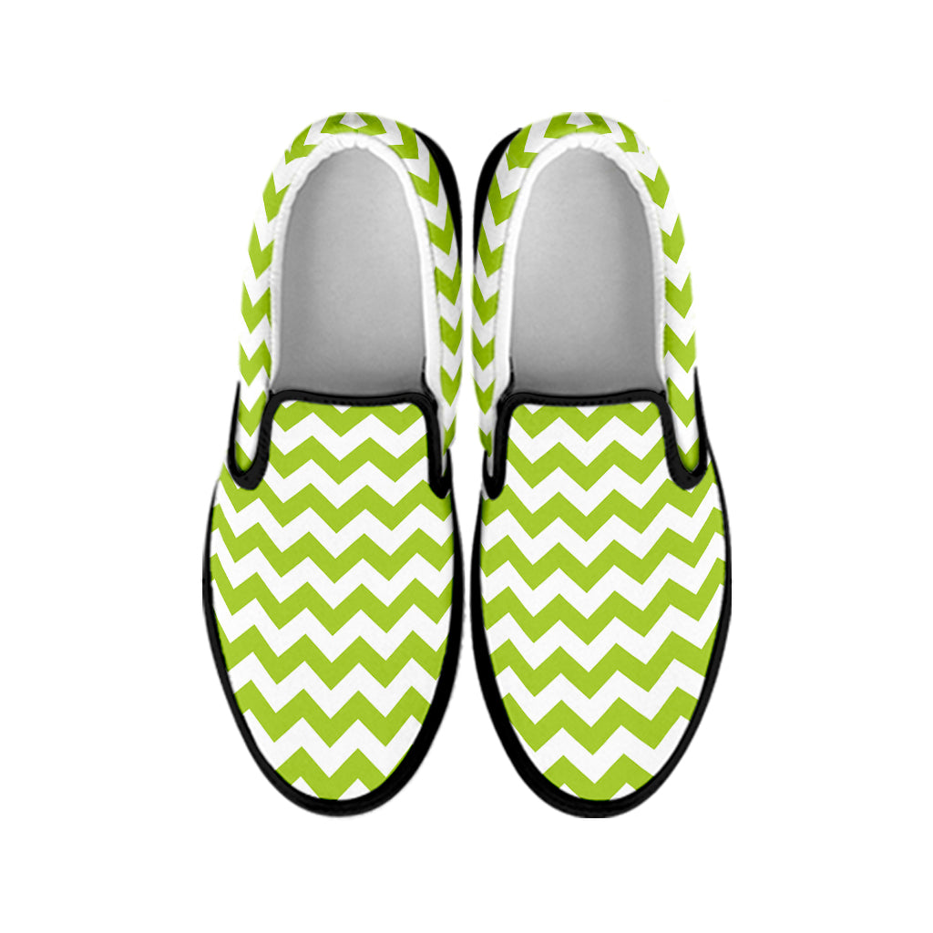 Lime Green And White Chevron Print Black Slip On Shoes