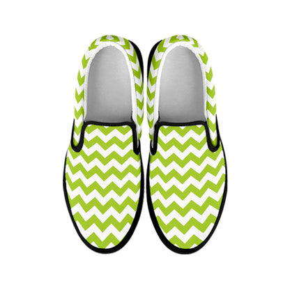 Lime Green And White Chevron Print Black Slip On Shoes