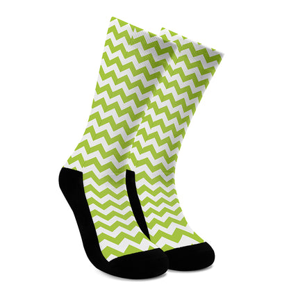 Lime Green And White Chevron Print Crew Socks