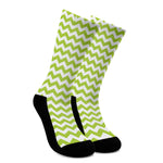 Lime Green And White Chevron Print Crew Socks