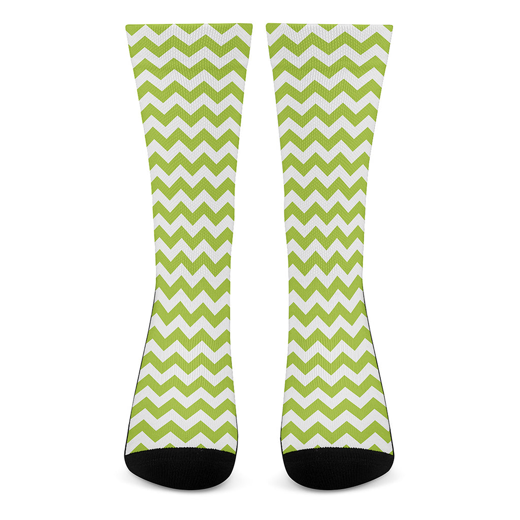 Lime Green And White Chevron Print Crew Socks