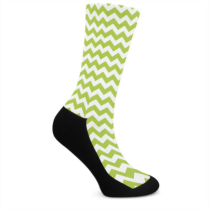Lime Green And White Chevron Print Crew Socks