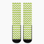 Lime Green And White Chevron Print Crew Socks