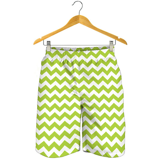 Lime Green And White Chevron Print Men's Shorts