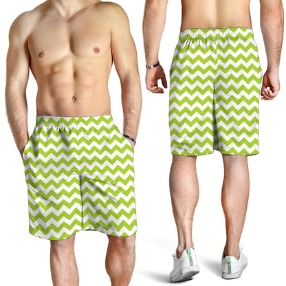 Lime Green And White Chevron Print Men's Shorts