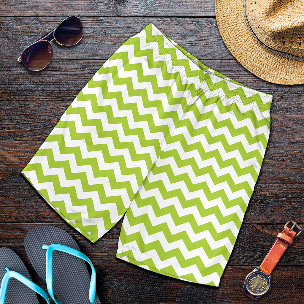 Lime Green And White Chevron Print Men's Shorts