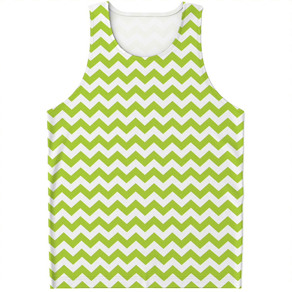 Lime Green And White Chevron Print Men's Tank Top