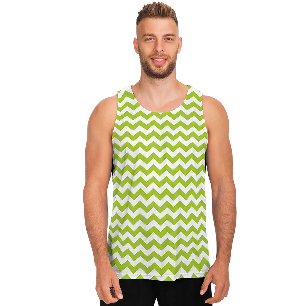 Lime Green And White Chevron Print Men's Tank Top