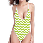 Lime Green And White Chevron Print One Piece High Cut Swimsuit