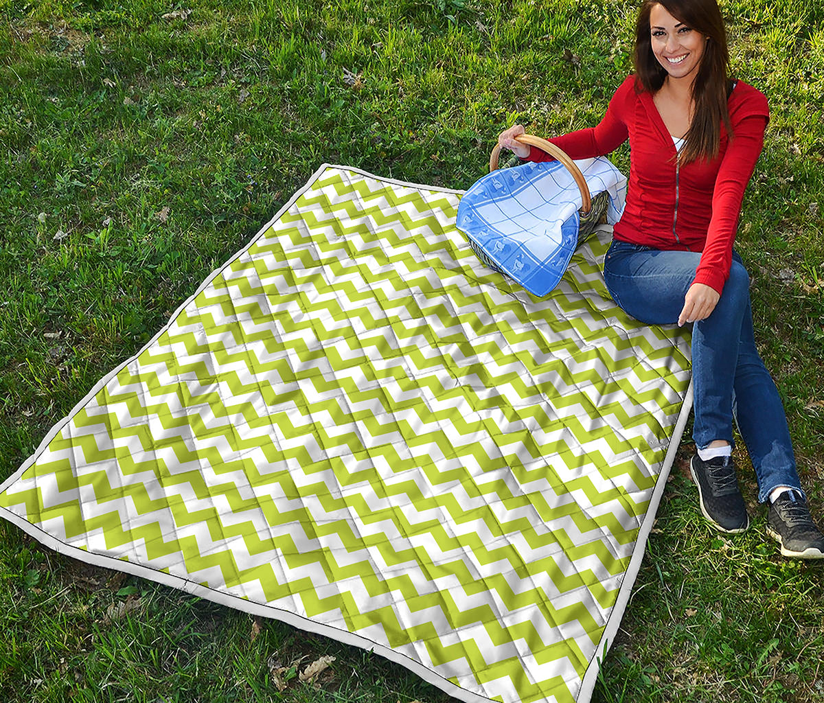 Lime Green And White Chevron Print Quilt