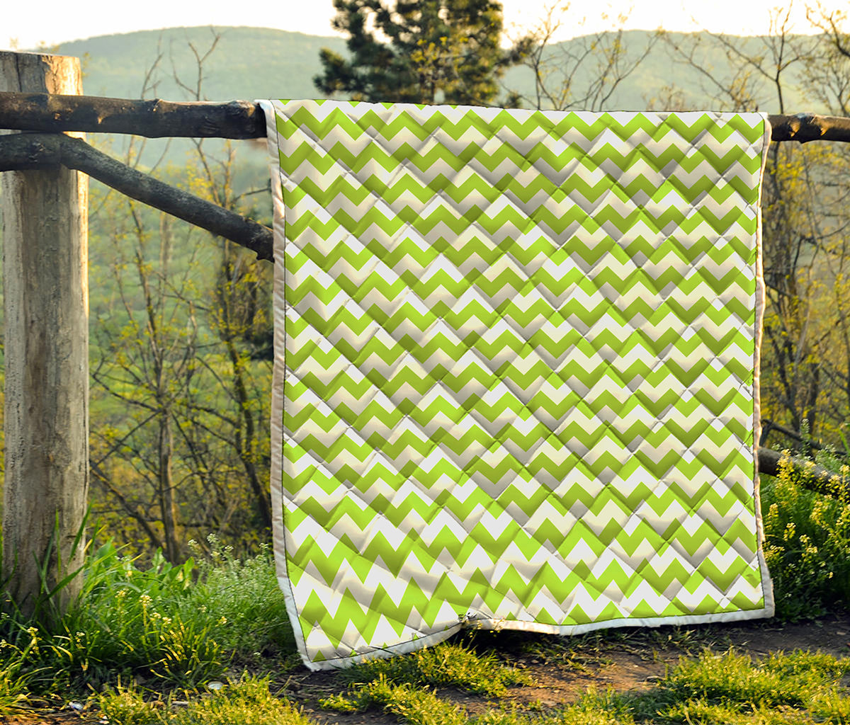 Lime Green And White Chevron Print Quilt