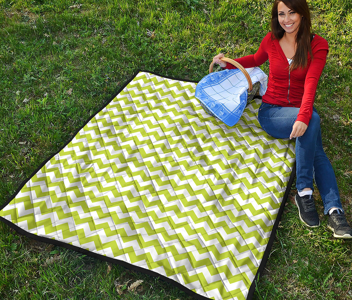 Lime Green And White Chevron Print Quilt