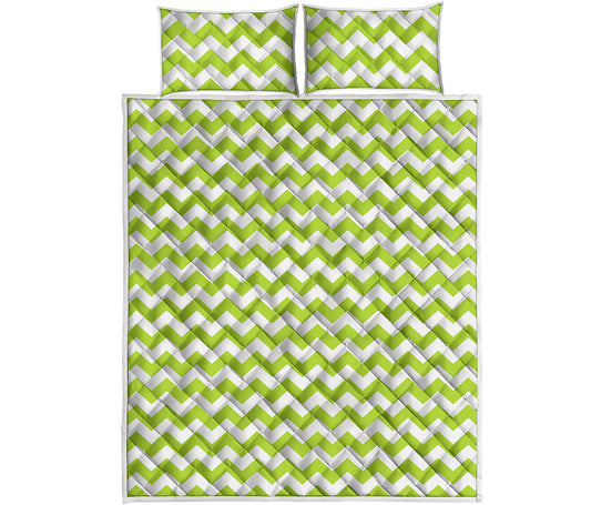 Lime Green And White Chevron Print Quilt Bed Set