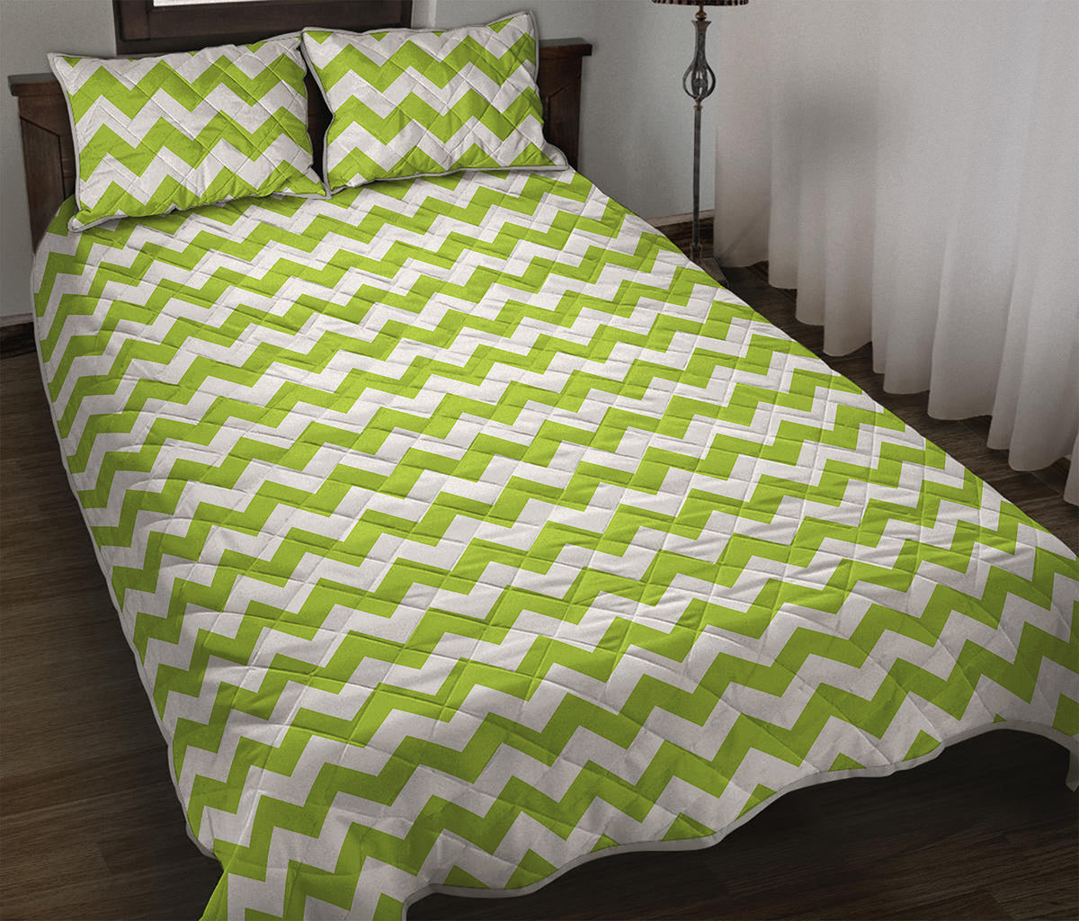 Lime Green And White Chevron Print Quilt Bed Set