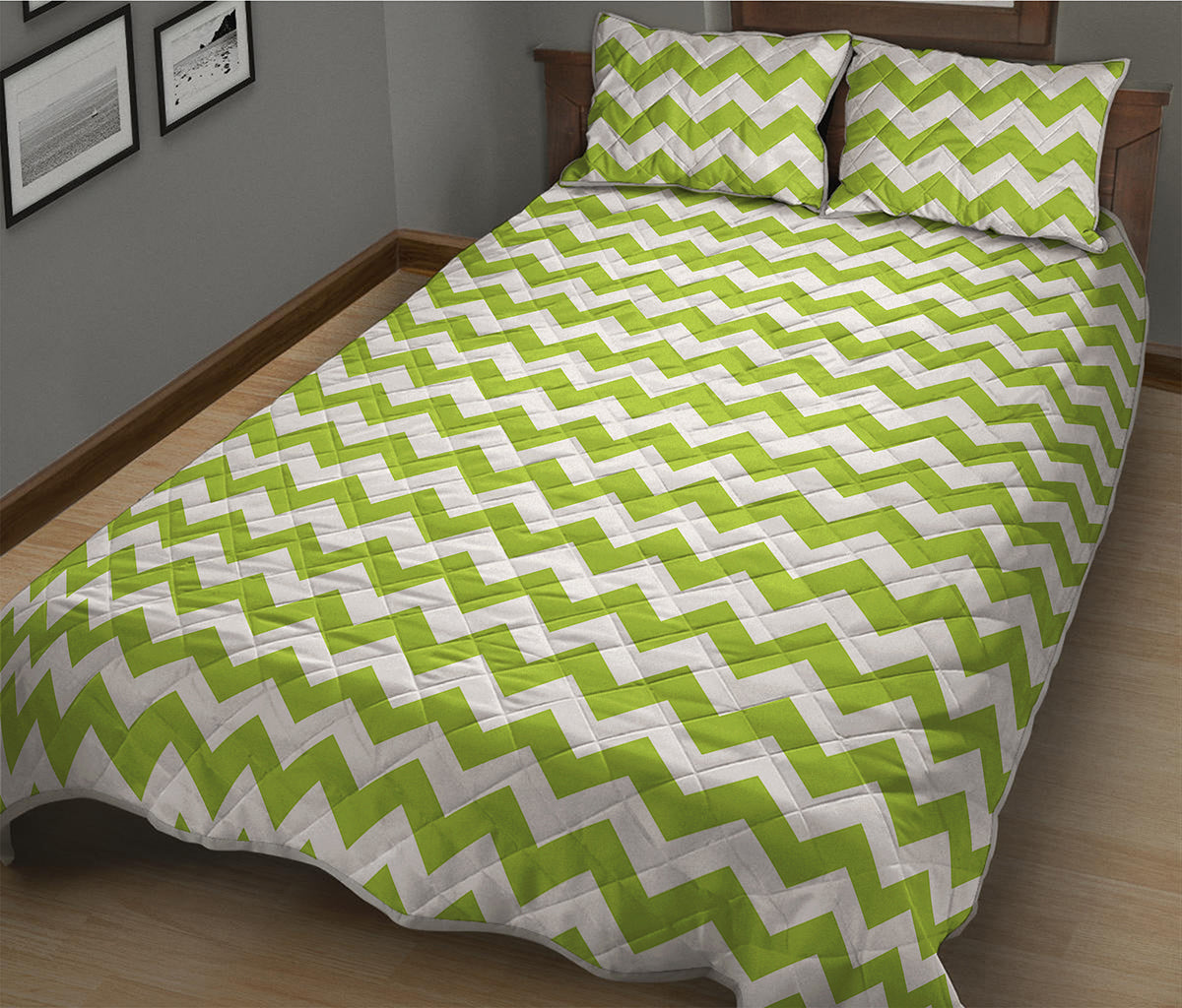 Lime Green And White Chevron Print Quilt Bed Set
