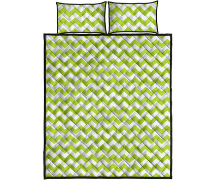 Lime Green And White Chevron Print Quilt Bed Set