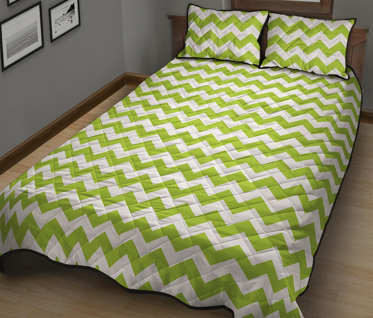 Lime Green And White Chevron Print Quilt Bed Set