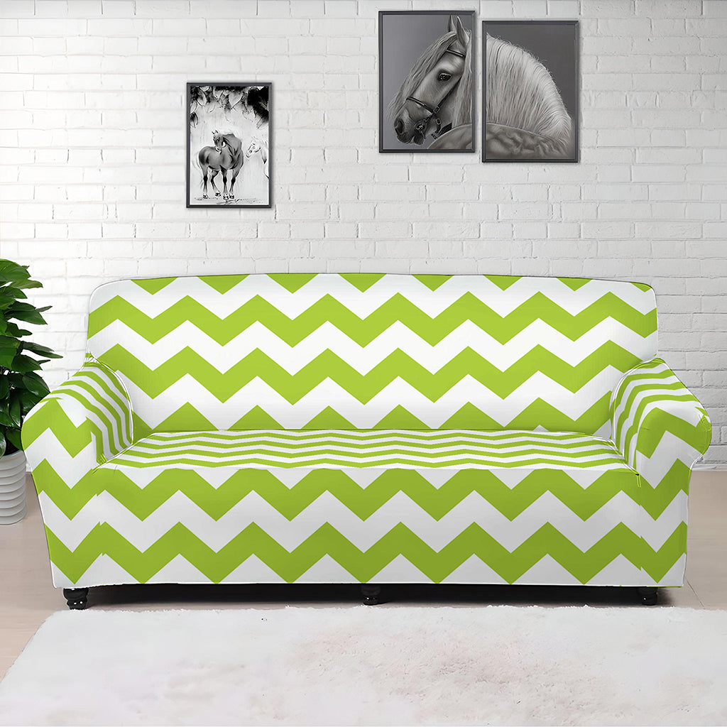 Lime Green And White Chevron Print Sofa Cover