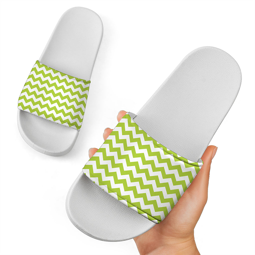 Lime Green And White Chevron Print White Slide Sandals