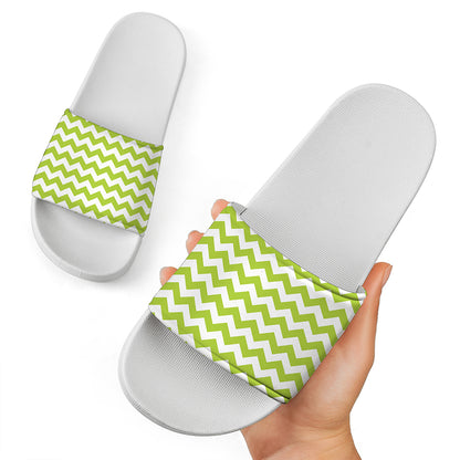 Lime Green And White Chevron Print White Slide Sandals