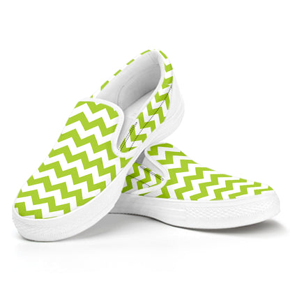 Lime Green And White Chevron Print White Slip On Shoes