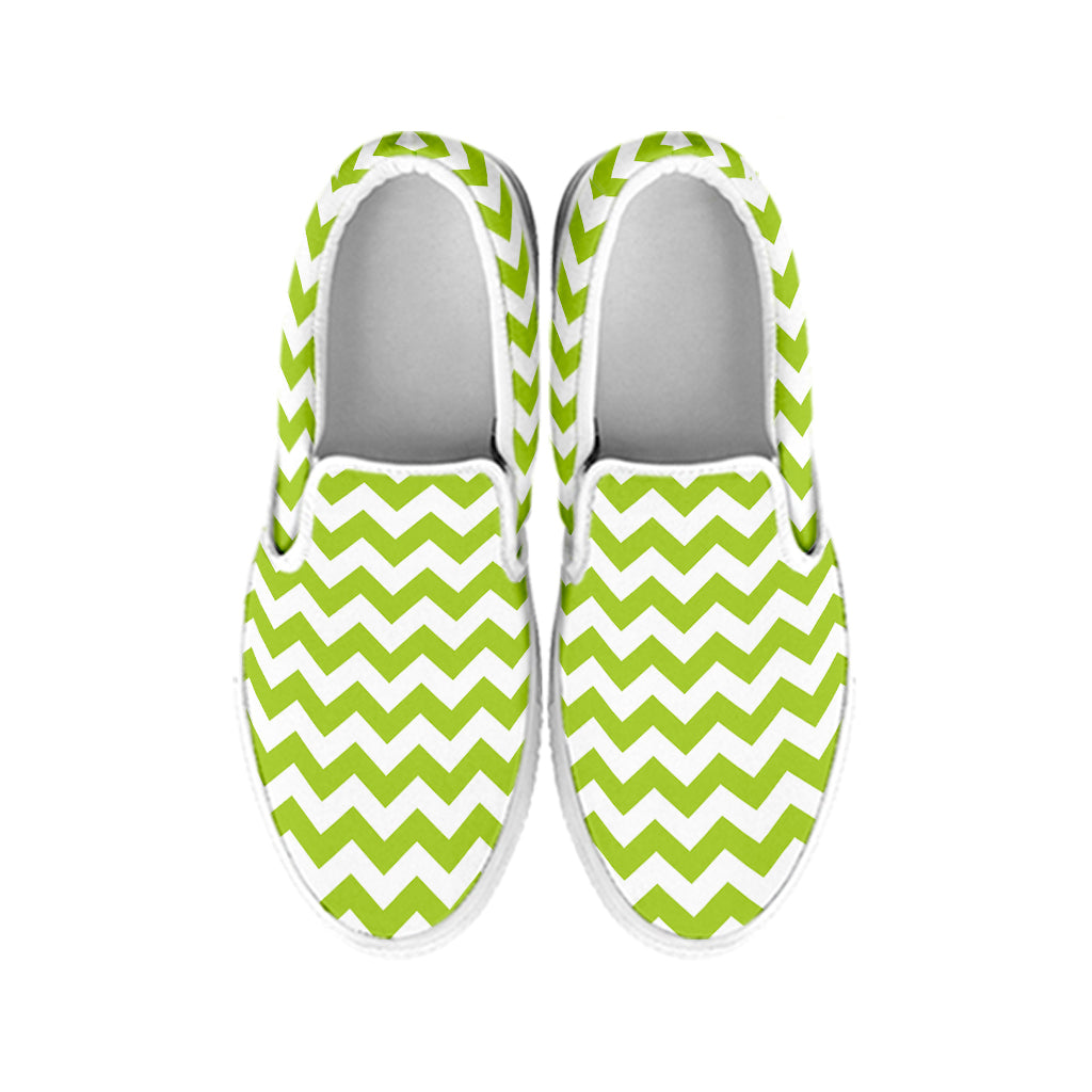 Lime Green And White Chevron Print White Slip On Shoes