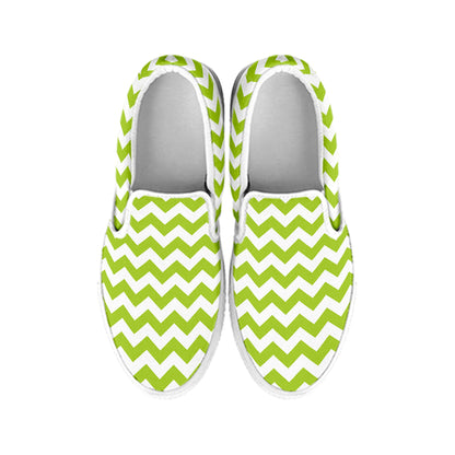 Lime Green And White Chevron Print White Slip On Shoes