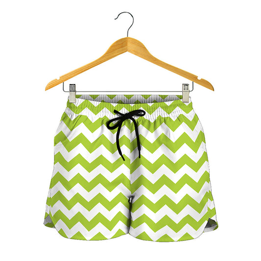 Lime Green And White Chevron Print Women's Shorts