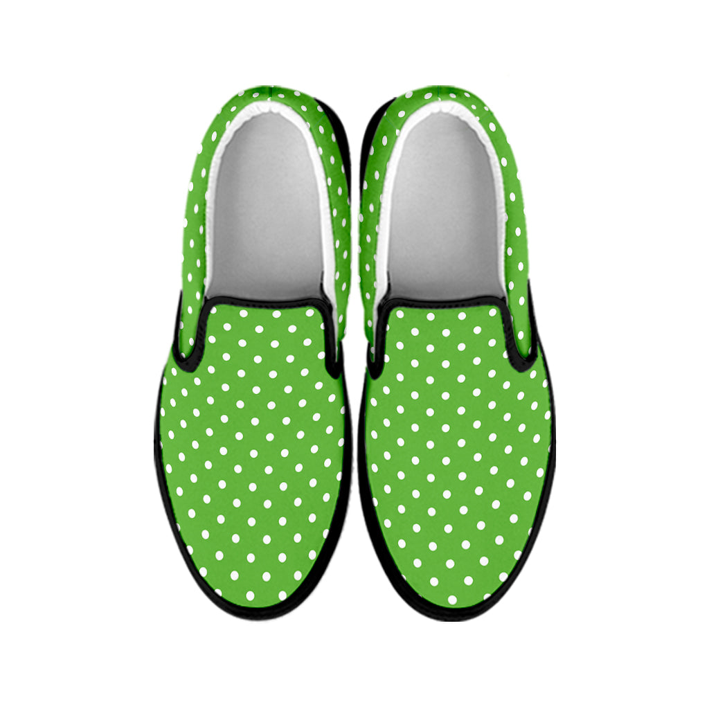 Lime Green And White Polka Dot Print Black Slip On Shoes