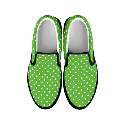 Lime Green And White Polka Dot Print Black Slip On Shoes