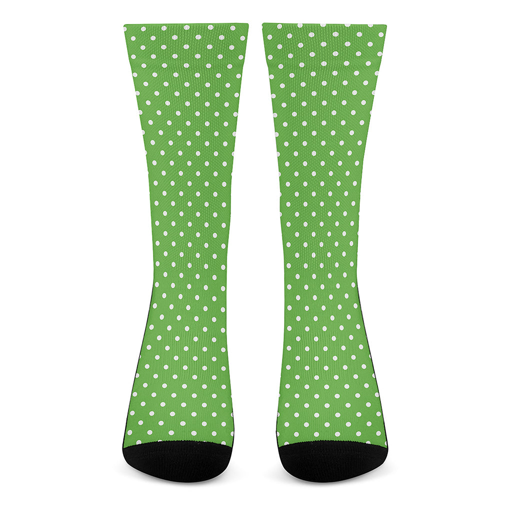 Lime Green And White Polka Dot Print Crew Socks