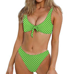 Lime Green And White Polka Dot Print Front Bow Tie Bikini