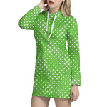 Lime Green And White Polka Dot Print Hoodie Dress