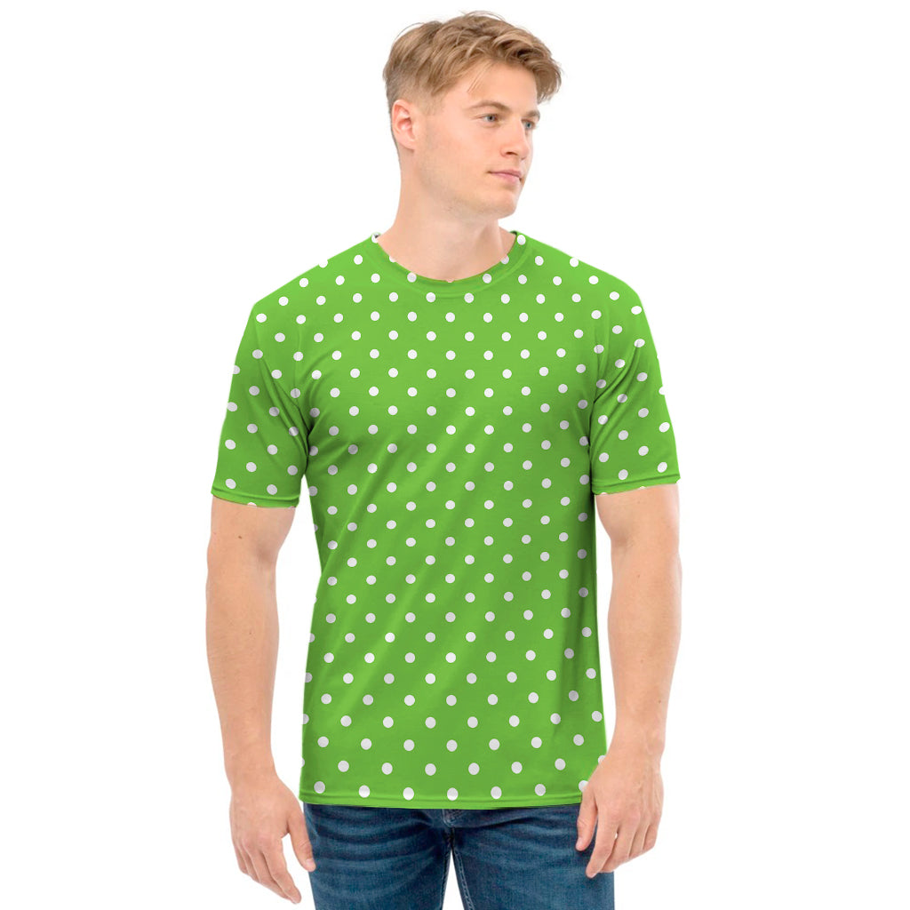 Lime Green And White Polka Dot Print Men's T-Shirt