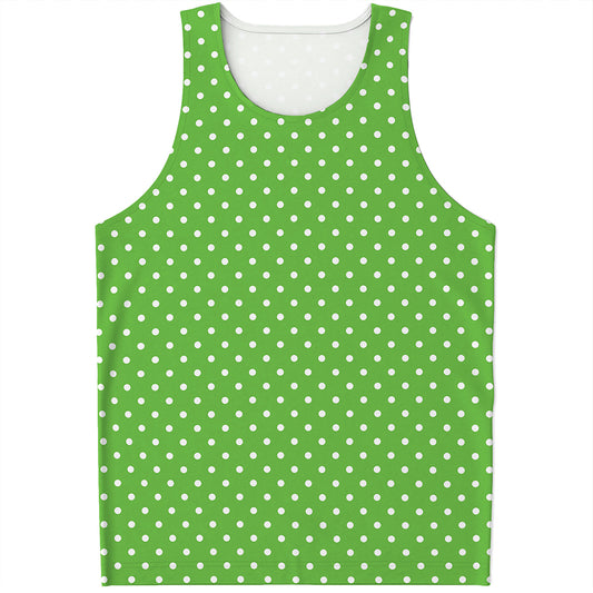 Lime Green And White Polka Dot Print Men's Tank Top