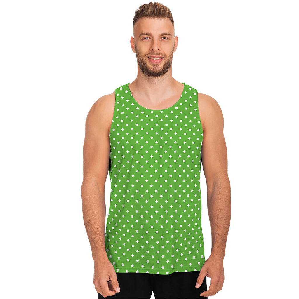 Lime Green And White Polka Dot Print Men's Tank Top