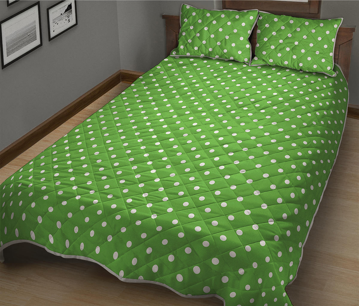 Lime Green And White Polka Dot Print Quilt Bed Set
