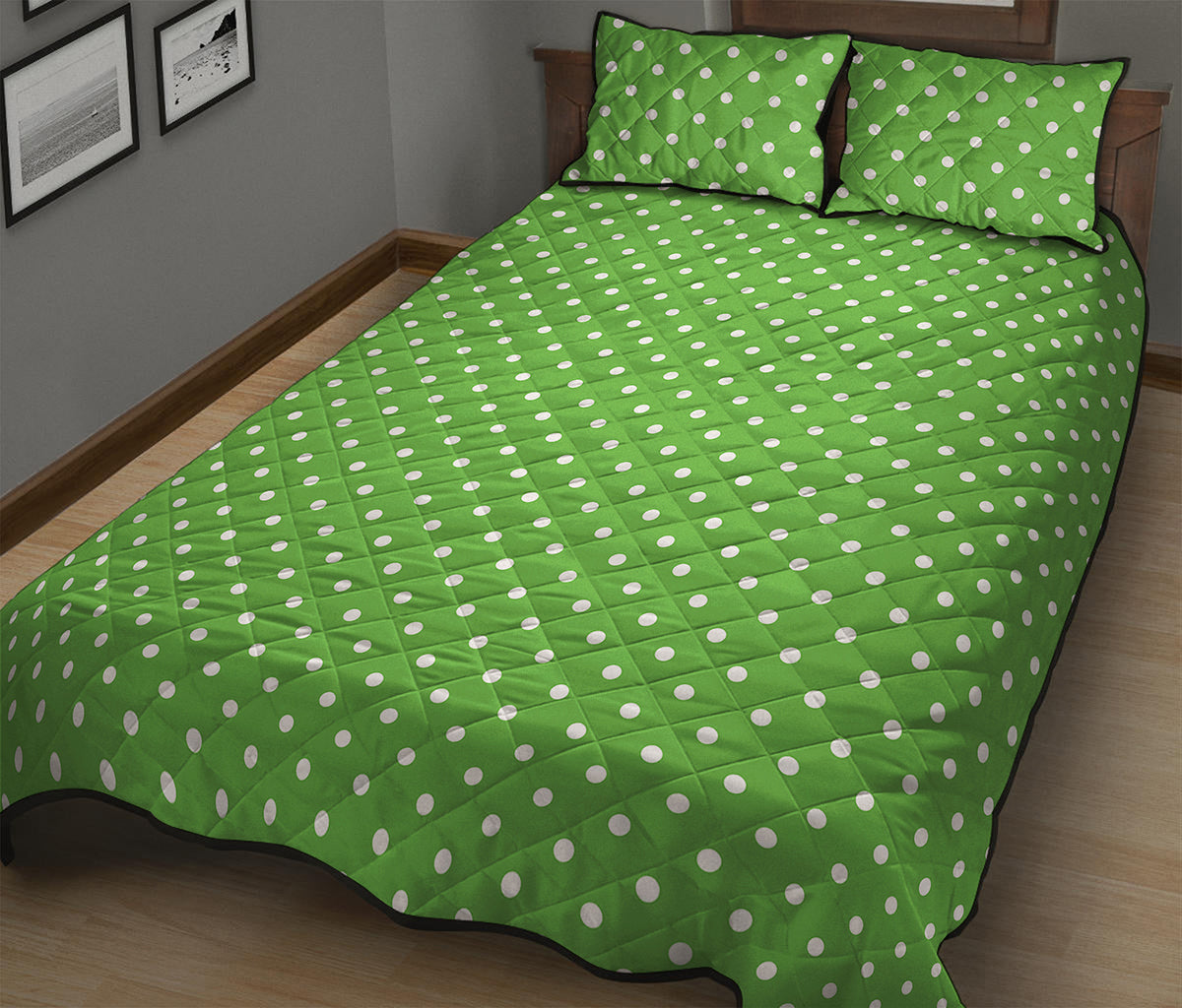 Lime Green And White Polka Dot Print Quilt Bed Set