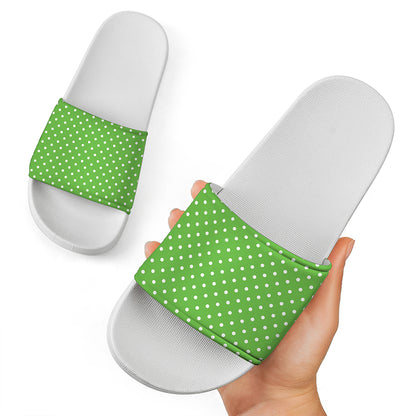 Lime Green And White Polka Dot Print White Slide Sandals