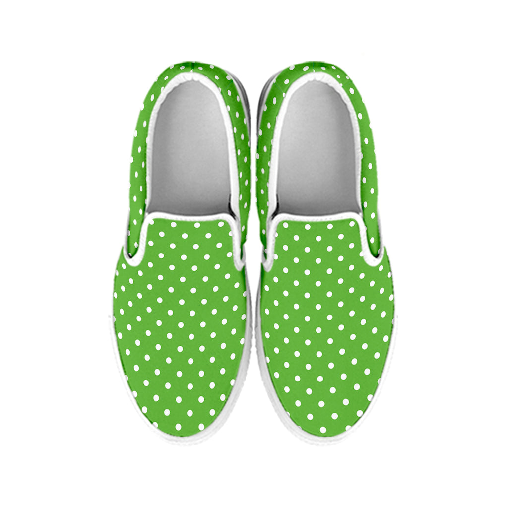 Lime Green And White Polka Dot Print White Slip On Shoes