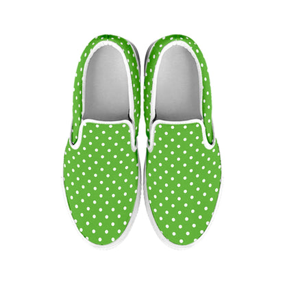 Lime Green And White Polka Dot Print White Slip On Shoes