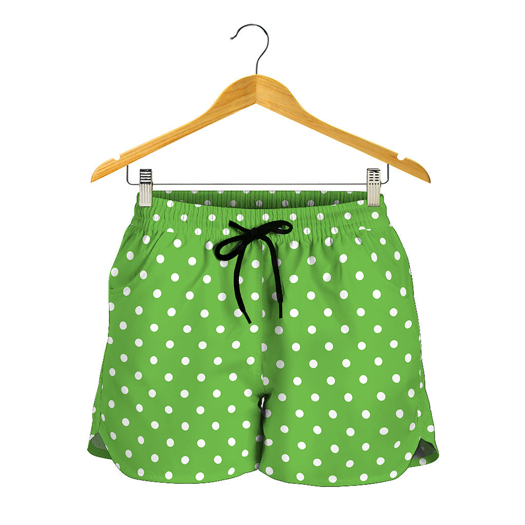 Lime Green And White Polka Dot Print Women's Shorts