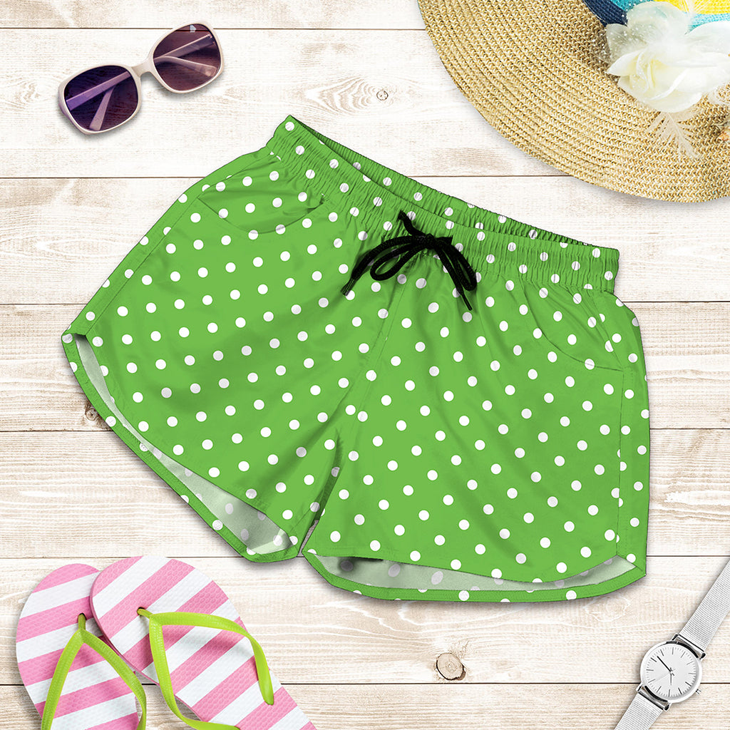 Lime Green And White Polka Dot Print Women's Shorts