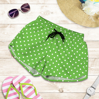 Lime Green And White Polka Dot Print Women's Shorts