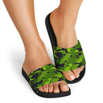 Lime Green Camouflage Print Black Slide Sandals
