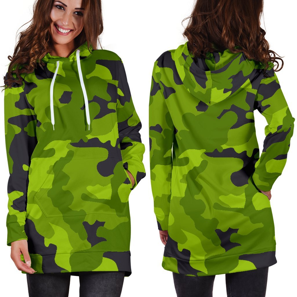 Lime Green Camouflage Print Hoodie Dress GearFrost