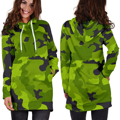 Lime Green Camouflage Print Hoodie Dress GearFrost
